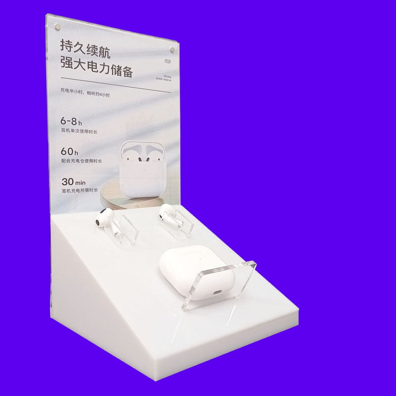 Customized branded acrylic wireless earbuds display stand with sign 9178